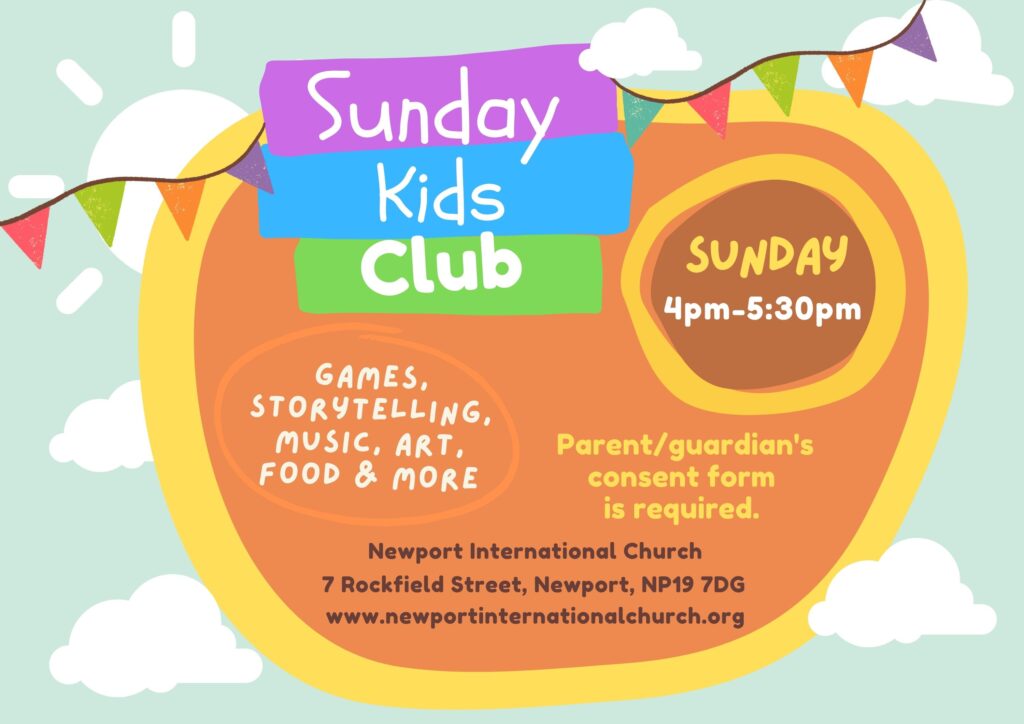 Sunday Kids Club poster showing games, storytelling, music, art, food and more